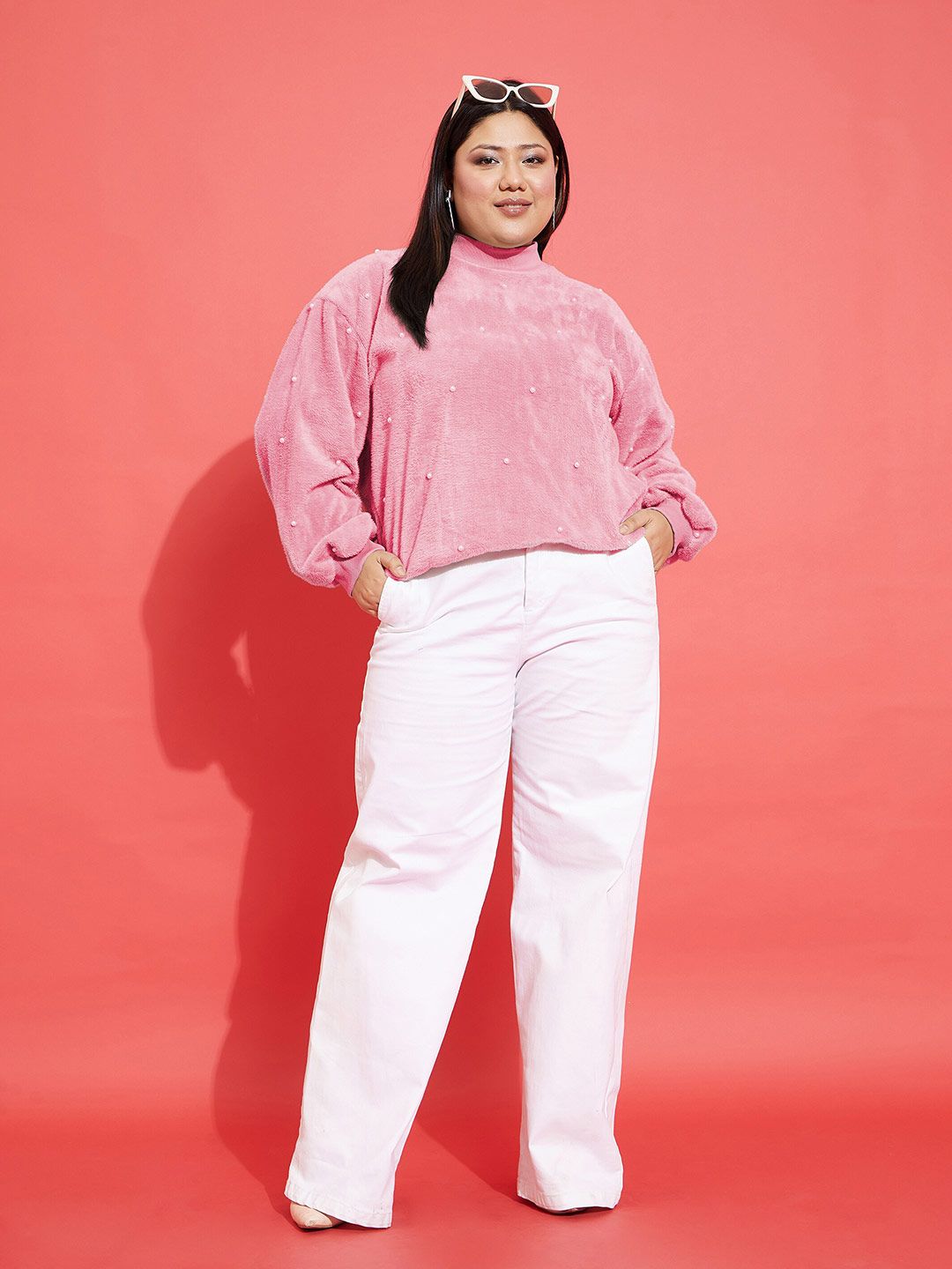 SASSAFRAS Curve Plus Size Embellished High Neck Long Sleeve Fleece Pullover Sweatshirt