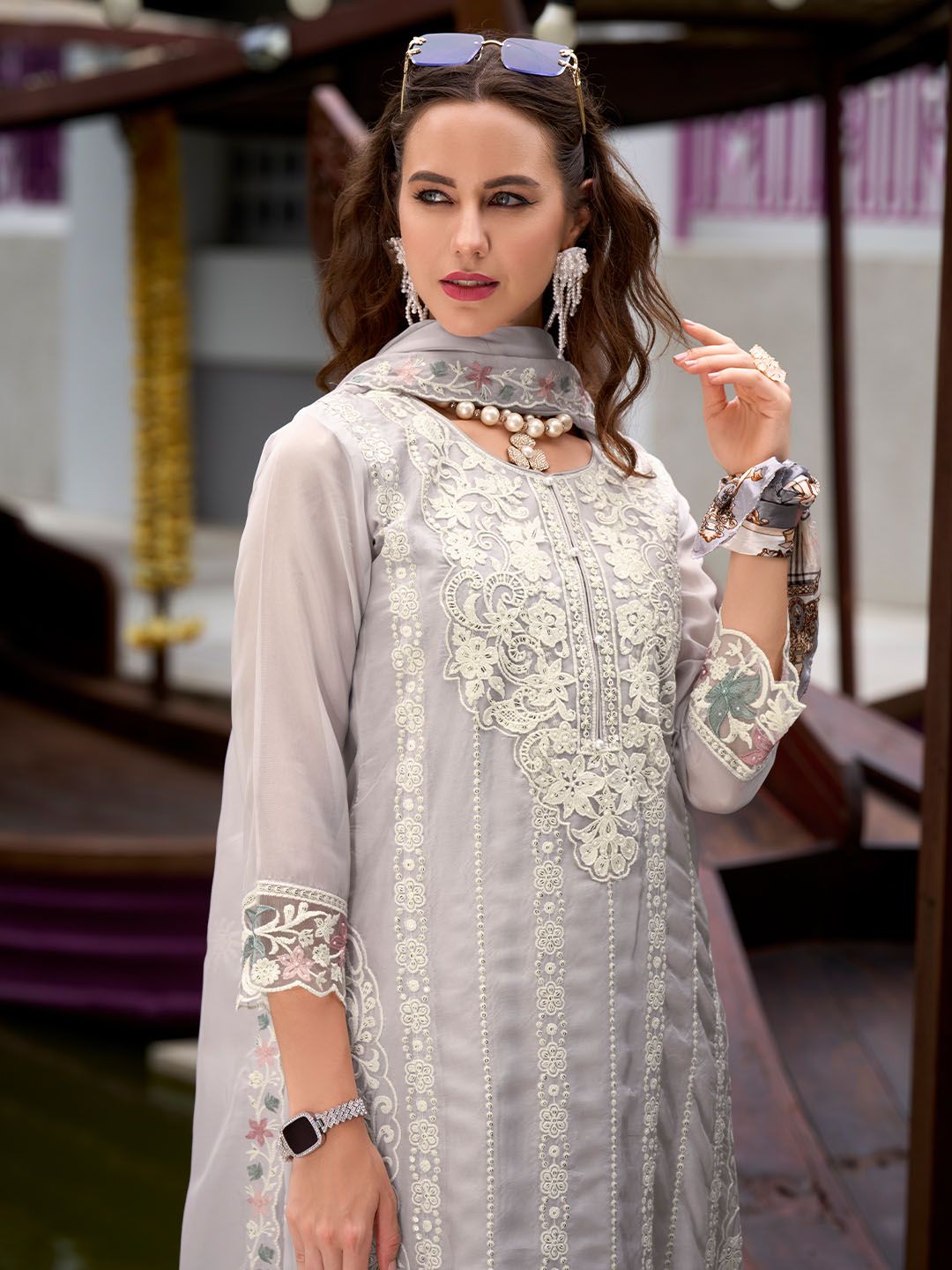 Indo Era Floral Embroidered Sequinned Straight Kurta with Trouser & Dupatta
