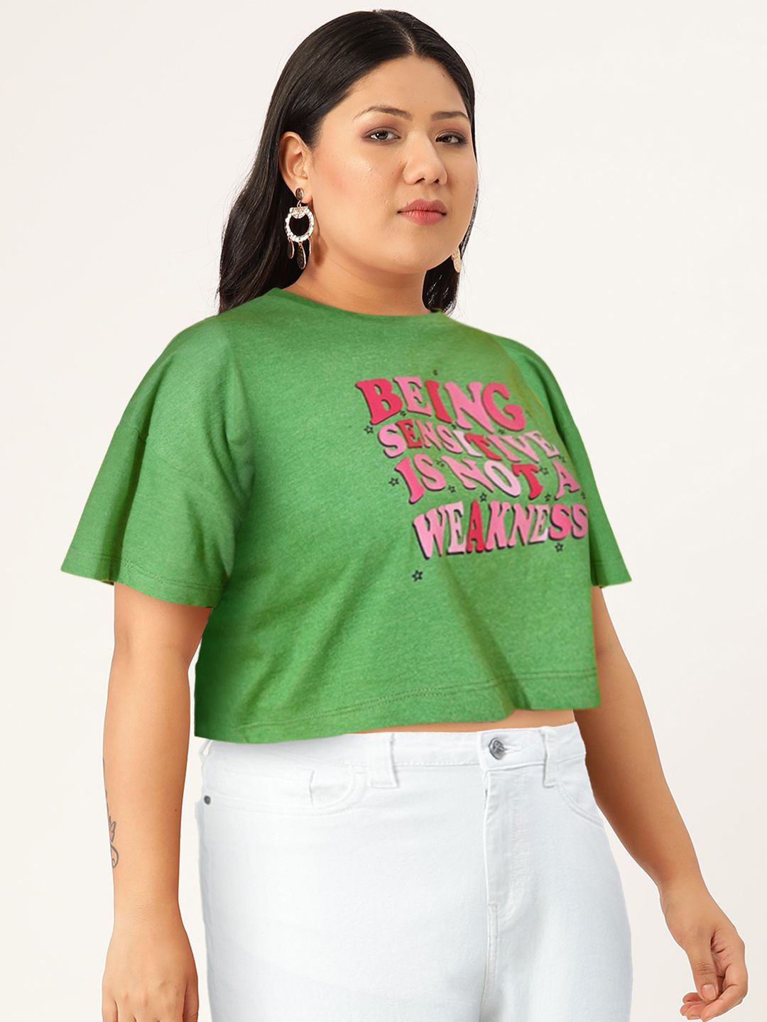 STREET 9 Women Green Printed Drop-Shoulder Sleeves Bio Finish Applique Oversized  Crop T-shirt