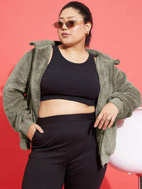SASSAFRAS Curve Plus Size Grey Self Design Mock Collar Tailored Jacket