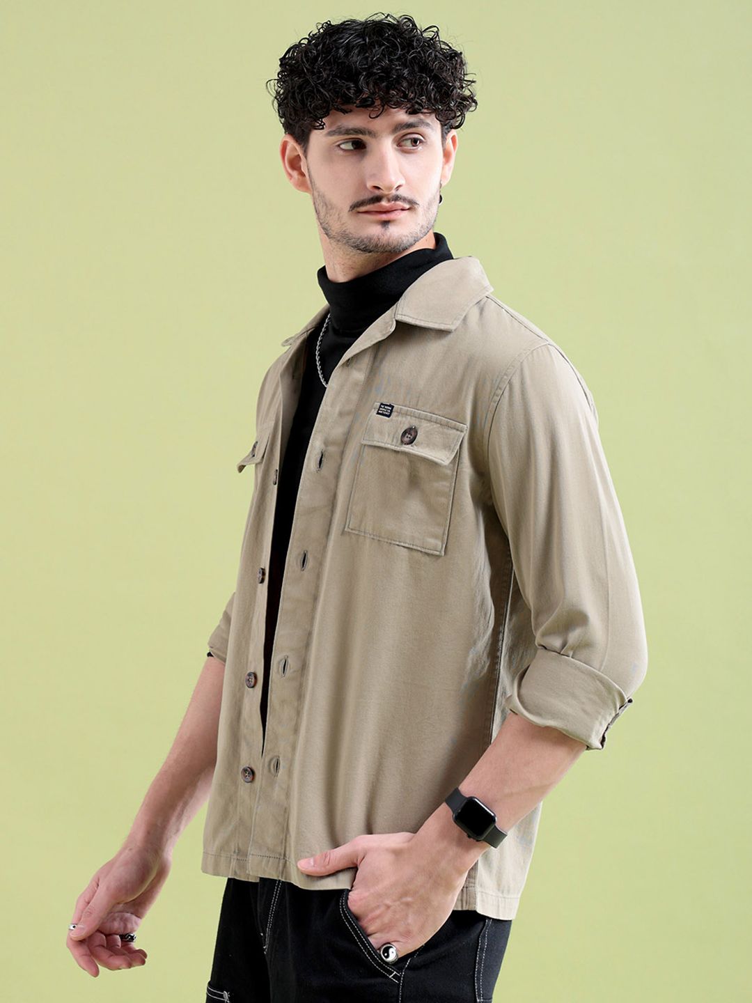 The Indian Garage Co Men Khaki & Black Typography Print Back Slim Fit Cotton Casual Shirt