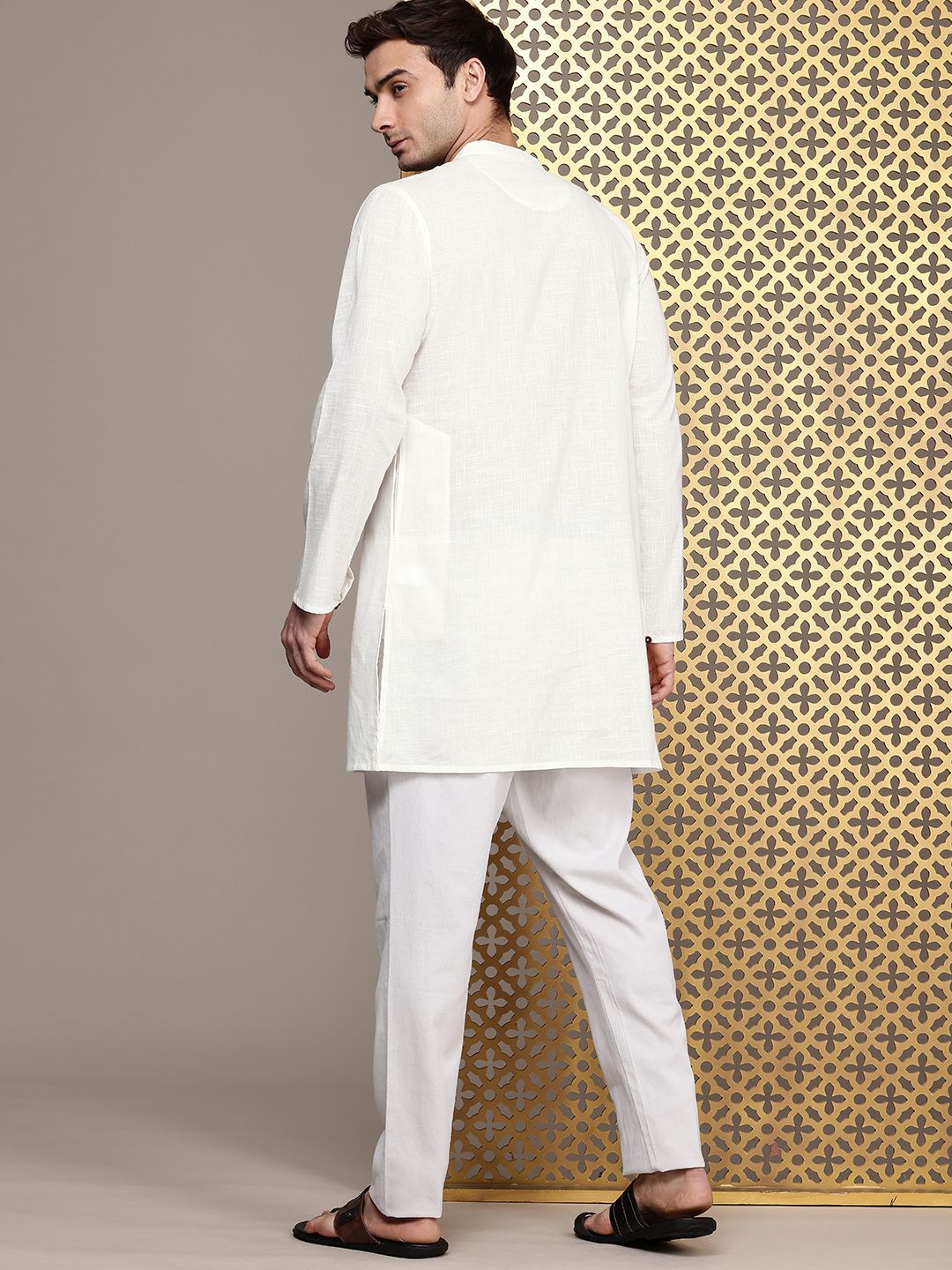 House of Pataudi Mandarin Collar Thread Work Detail Pure Cotton Rozana Kurta