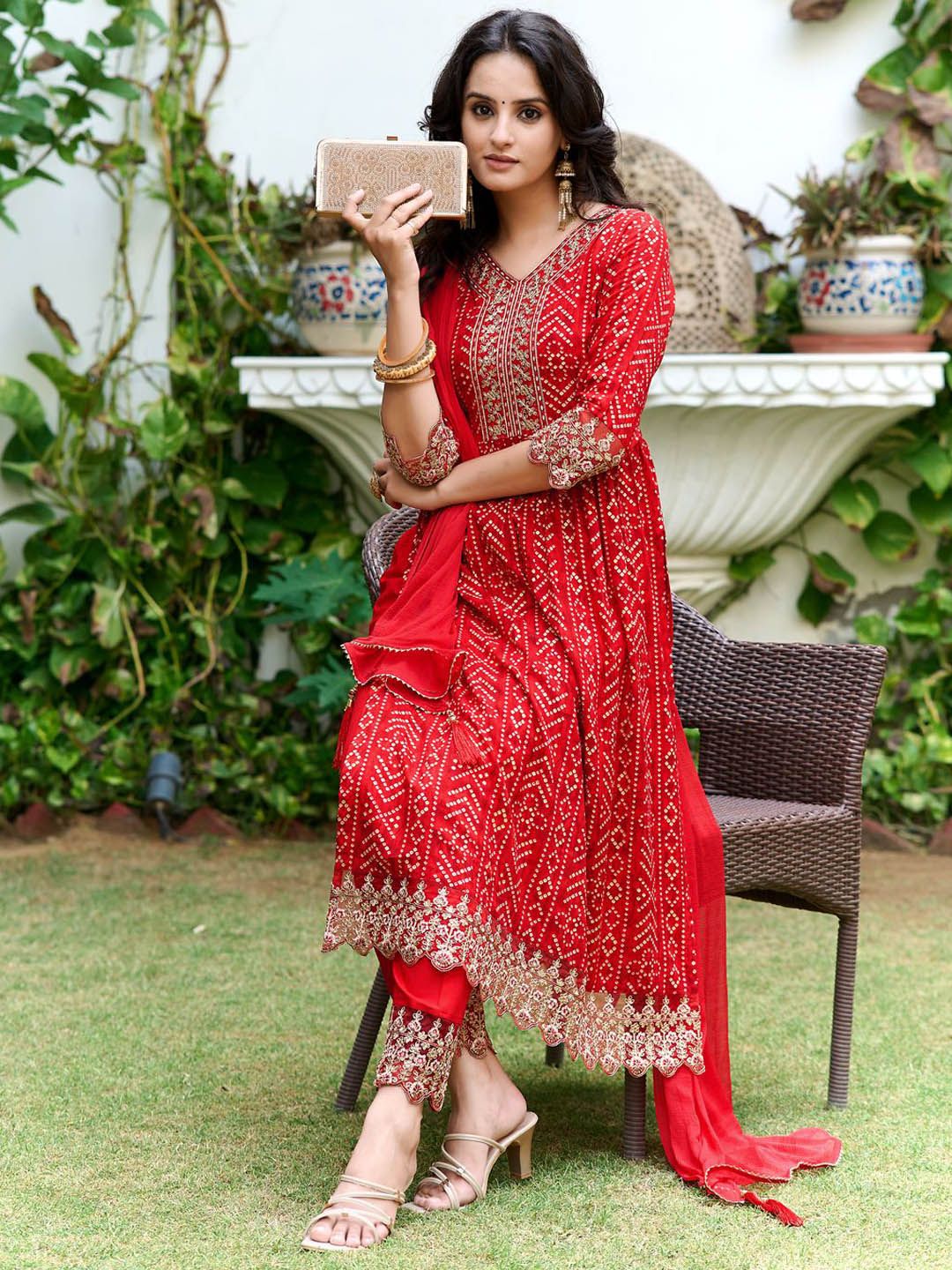 KALINI Women Bandhani Embroidered Panelled Sequinned Kurta with Trousers & With Dupatta