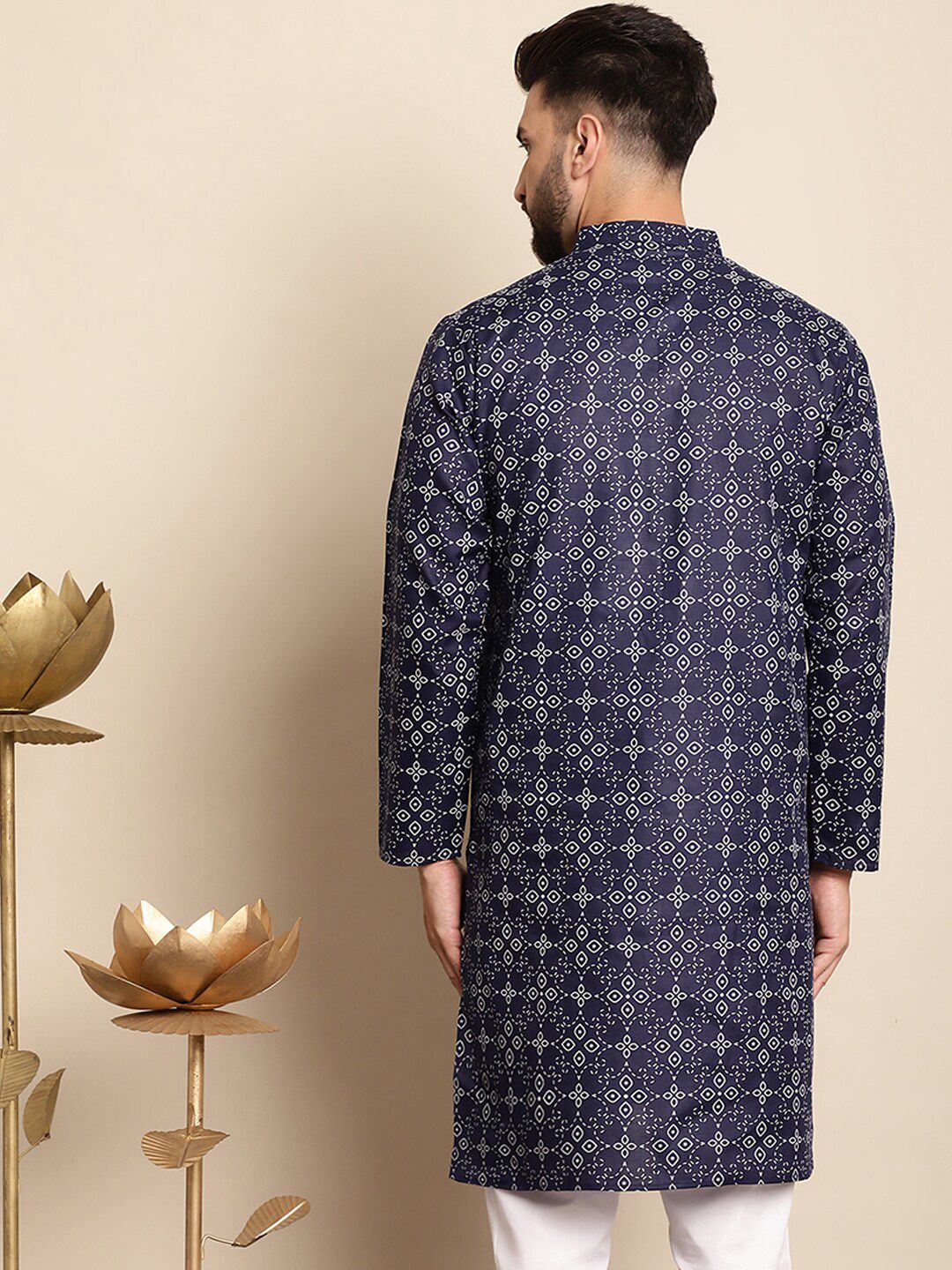 Anouk Men Navy Blue Geometric Printed Thread Work Kurta
