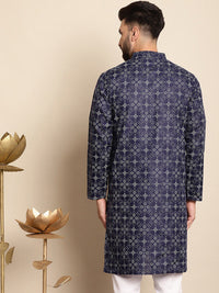 Anouk Men Navy Blue Geometric Printed Thread Work Kurta