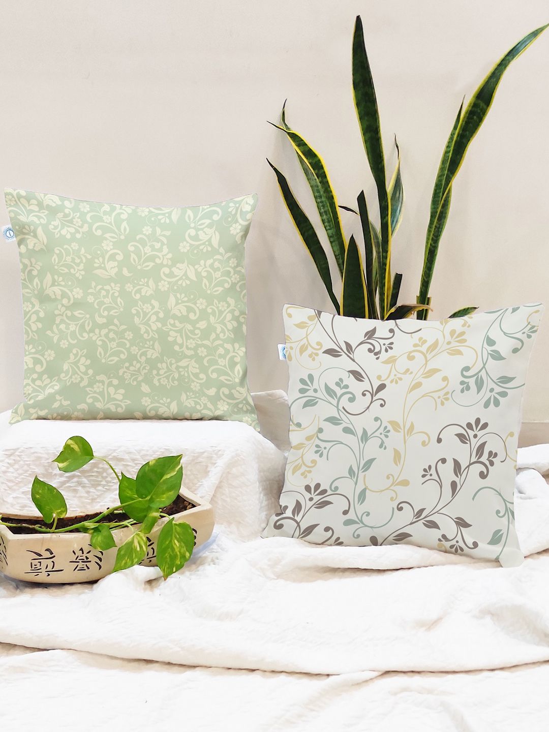 STITCHNEST Teal & Off White Set of 2 Ethnic Motifs Square Cushion Covers