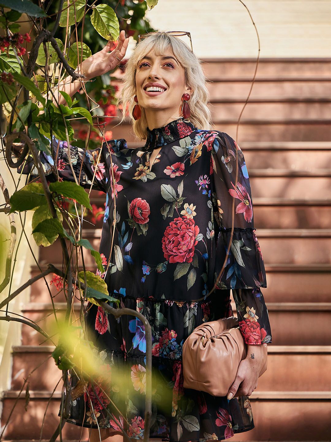 SASSAFRAS High Neck Floral Printed Smocked Tiered Chiffon A-Line Dress
