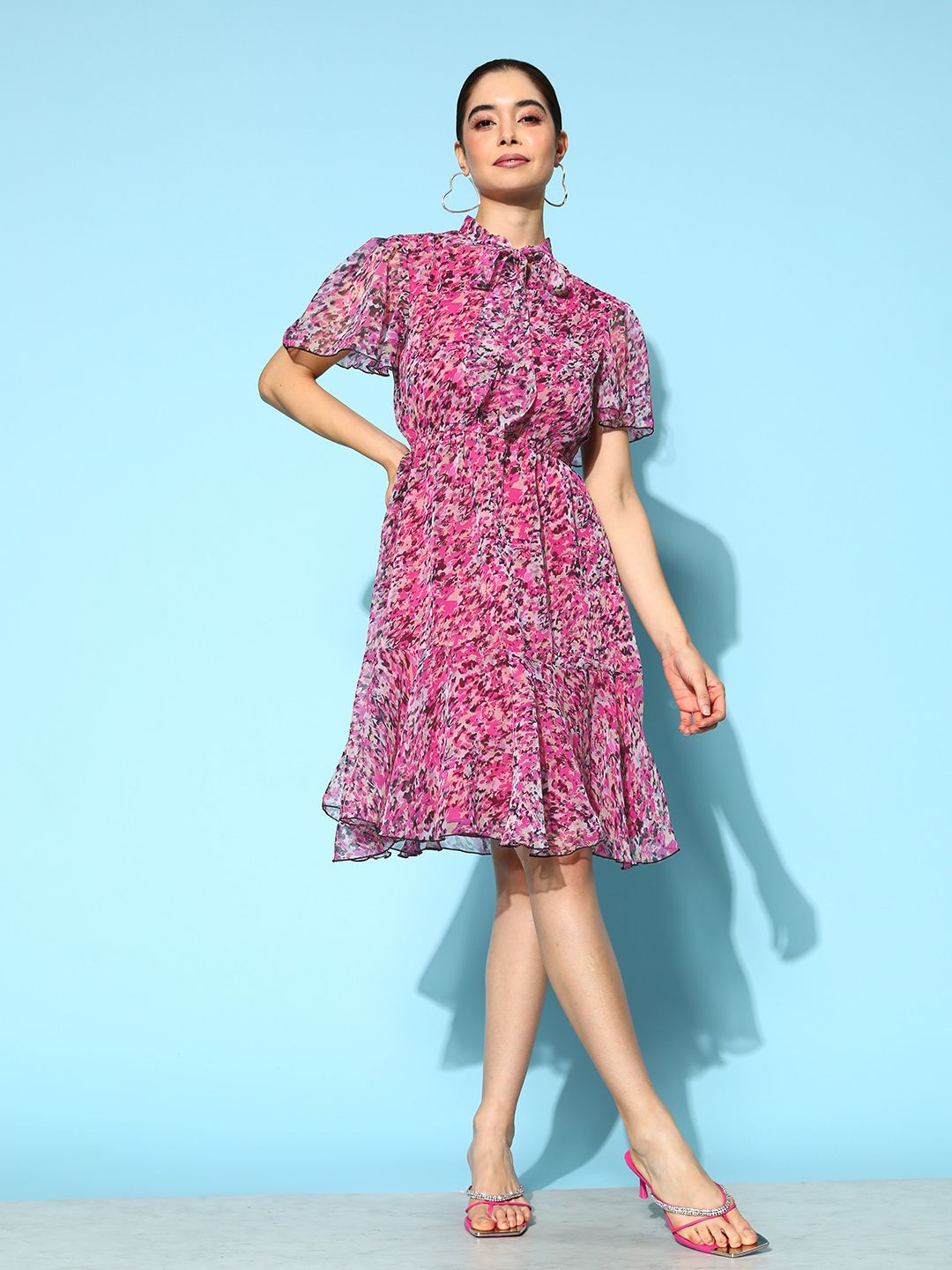 Antheaa Pink & Multicoloured Tie-Up Neck Flared Sleeves Chiffon A-Line Dress