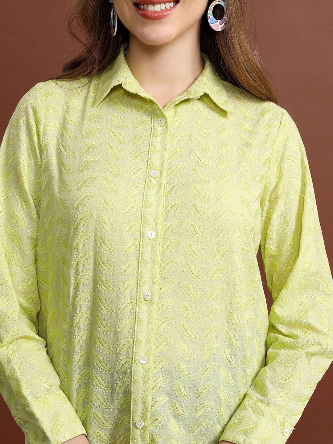 Vishudh Lime Green Floral Embroidered Casual Shirt
