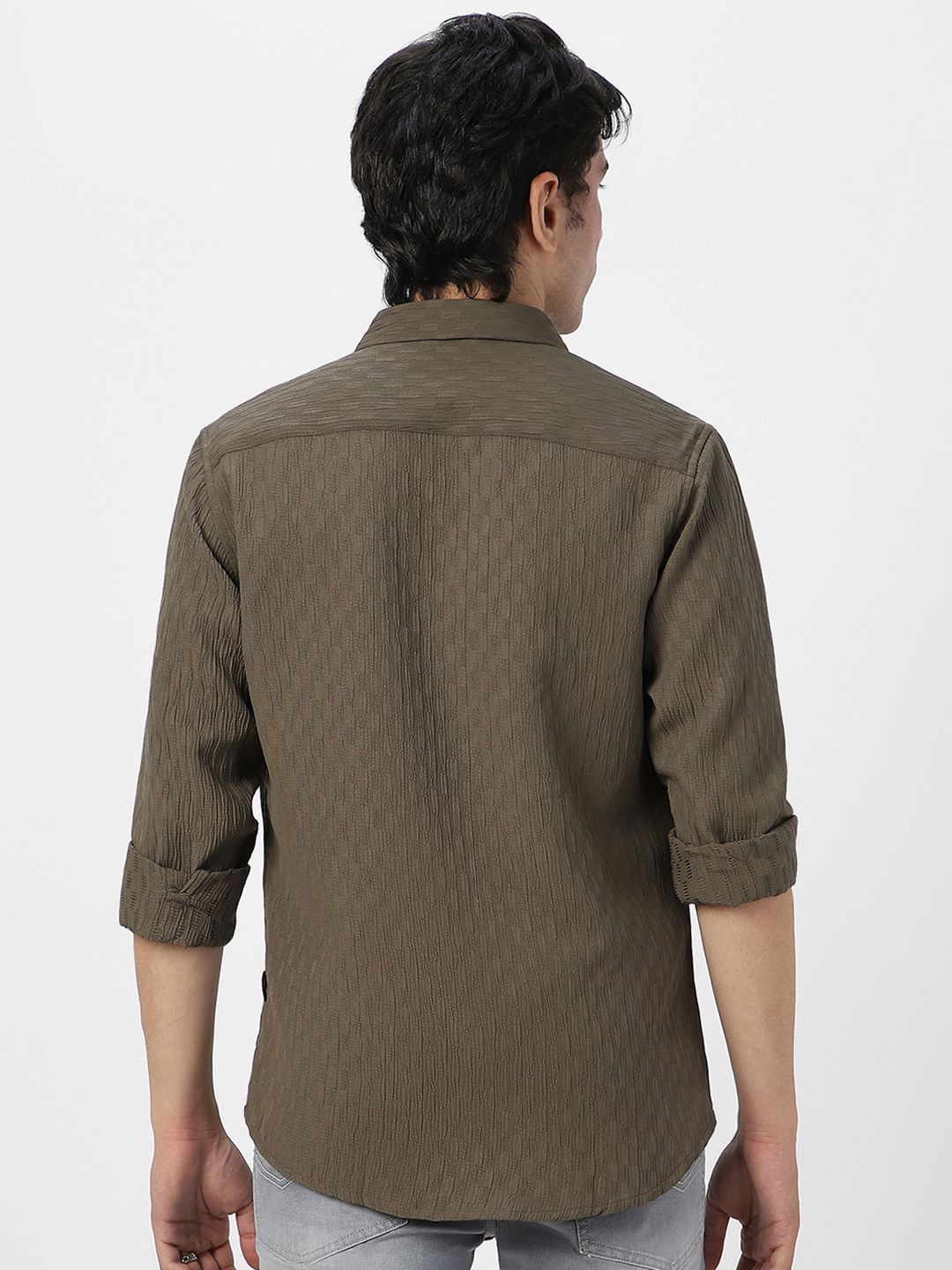 Urbano Fashion Men Spread Collar Textured Cotton Casual Shirt