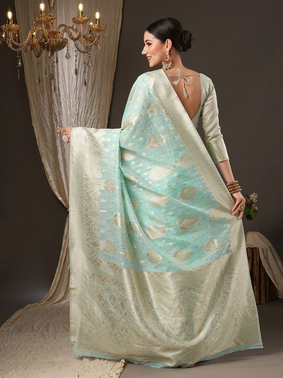 Saree mall Sea Green & Gold-Toned Woven Design Zari Muga Sarees