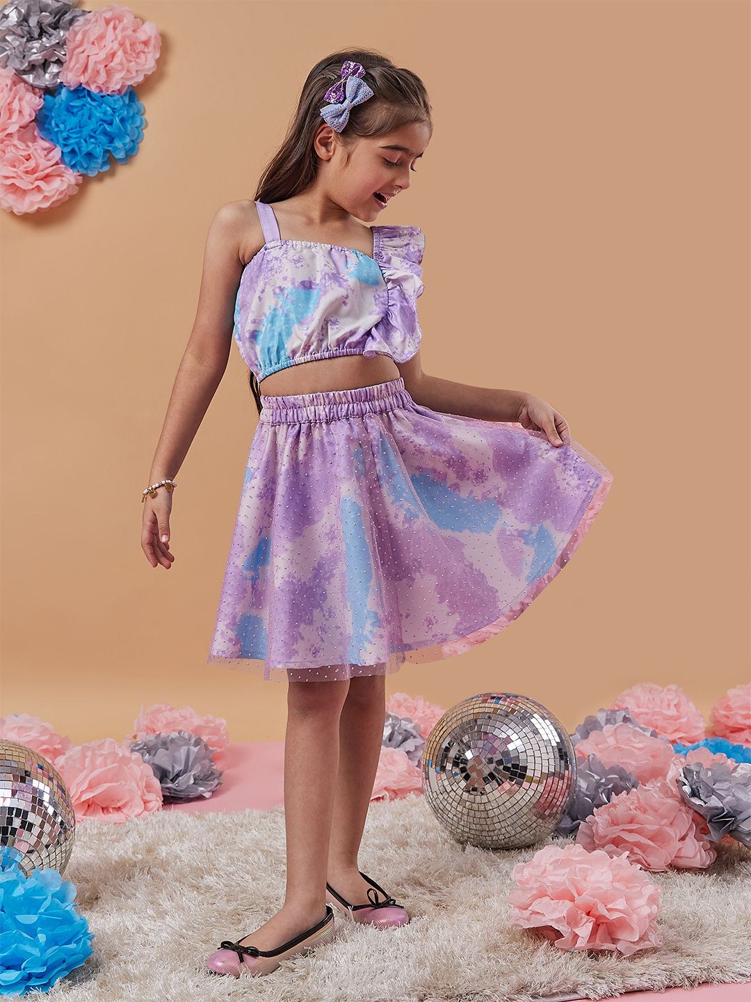 pspeaches Girls Shoulder Straps Printed Top With Skirt