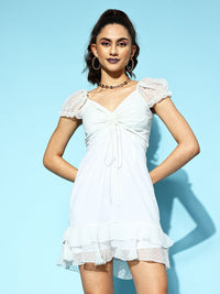 Berrylush Women White Self-Design Fluid Tie-Up Dress