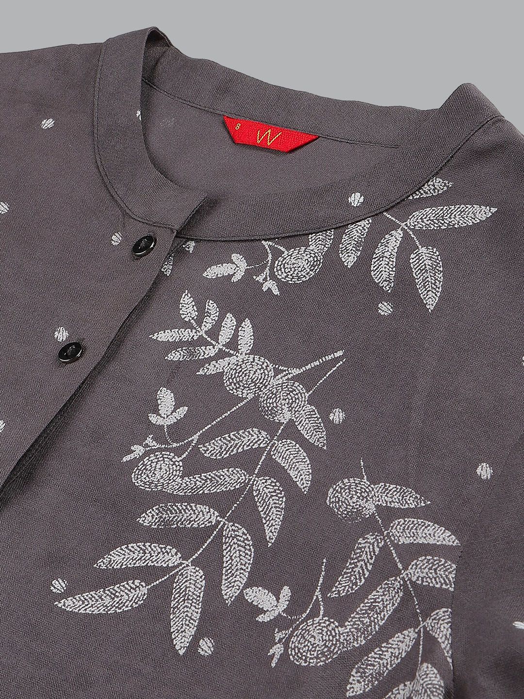 W Women Grey Floral Printed Handloom Kurta