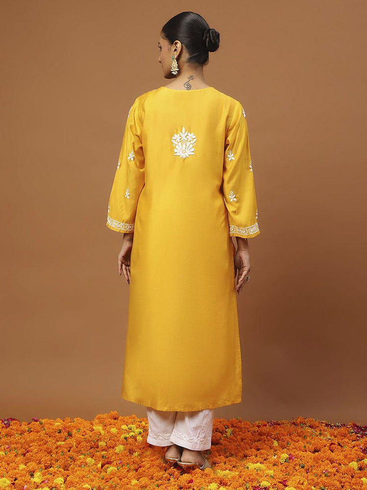 Rumah Chikankari Wanita Mustard Kuning Chanderi Chikankari Sulam Kurta