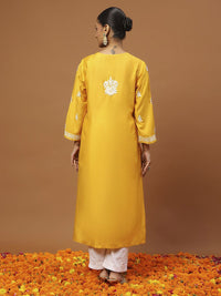 Rumah Chikankari Wanita Mustard Kuning Chanderi Chikankari Sulam Kurta