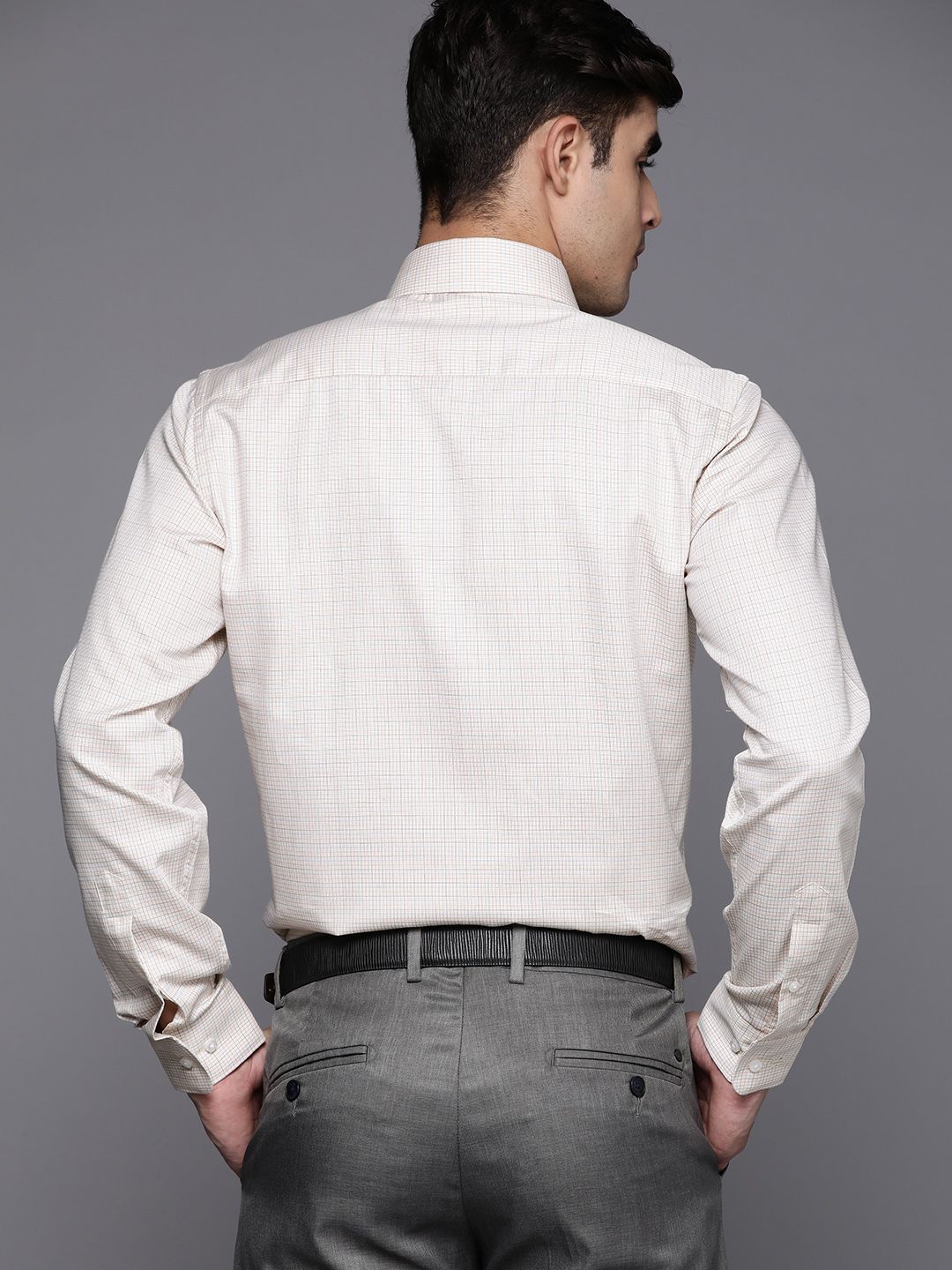Raymond Men Cream-Coloured Pure Cotton Slim Fit Checked Formal Shirt