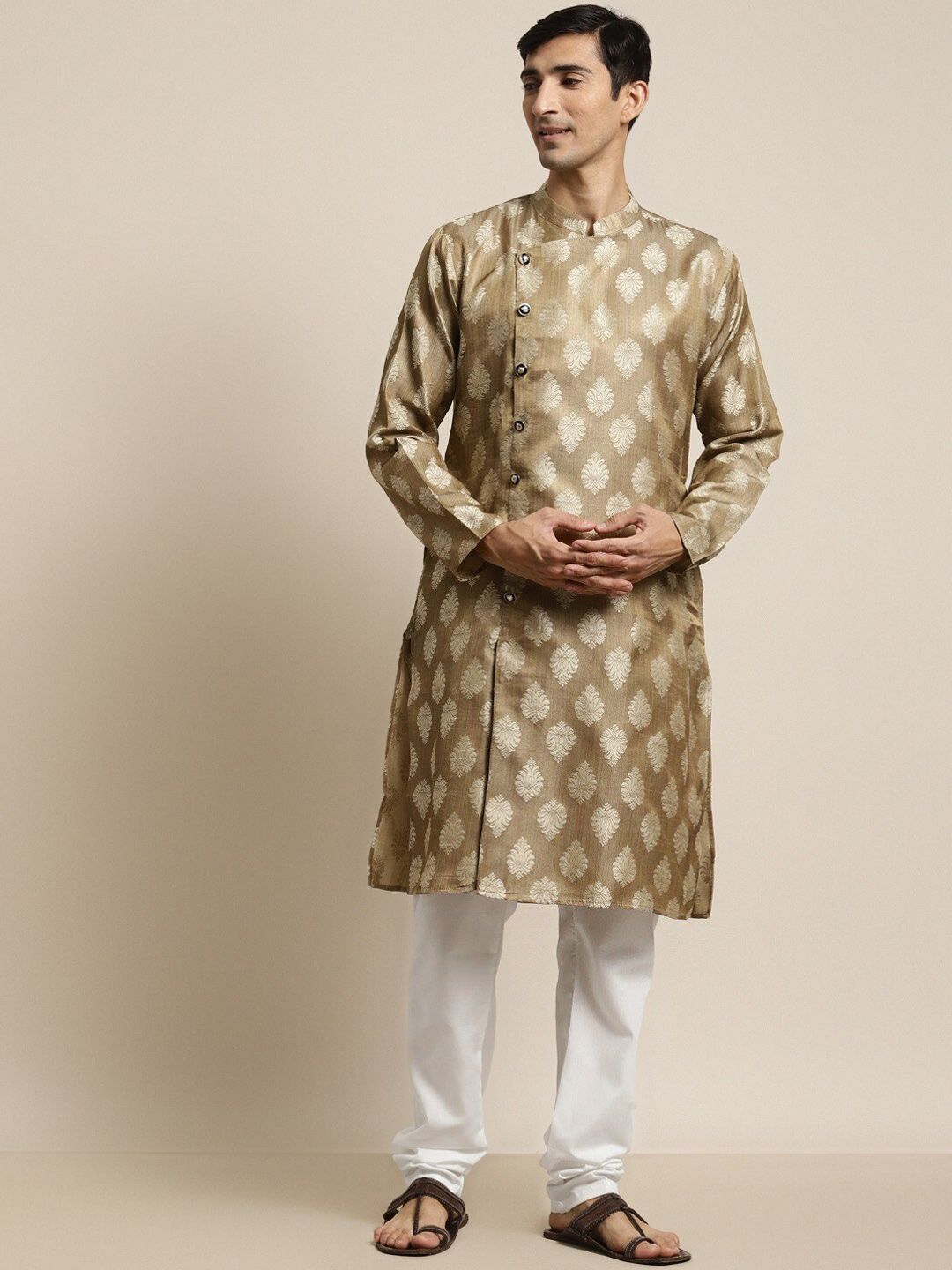 SOJANYA Ethnic Motifs Woven Design Angrakha Jacquard Silk Kurta With Churidar