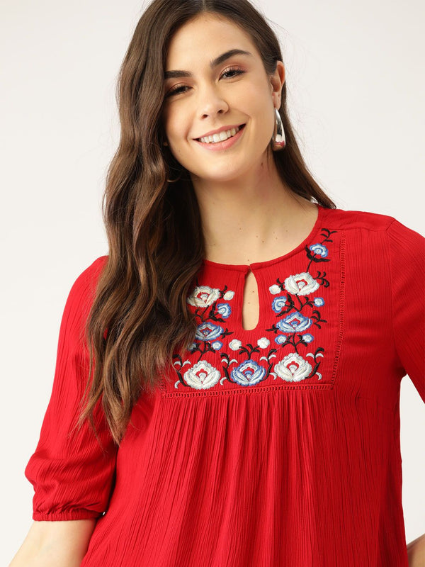 DressBerry Red & Blue Floral Embroidered Keyhole Neck Puff Sleeve Empire Top