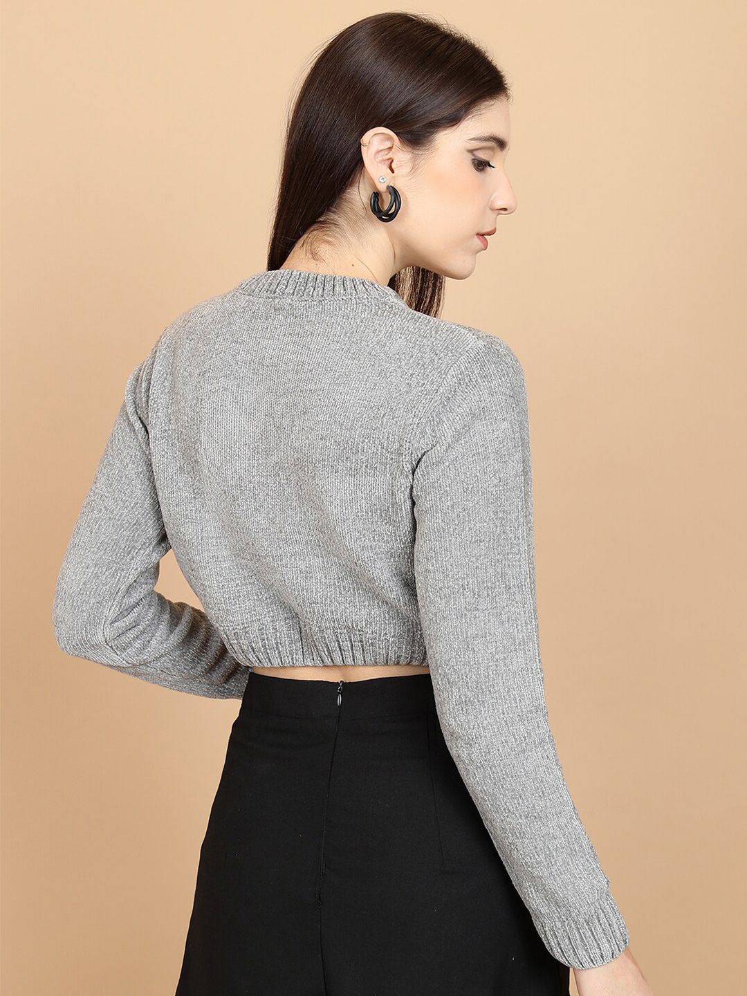 Tokyo Talkies Grey Ribbed Acrylic Crop Pullover Sweater