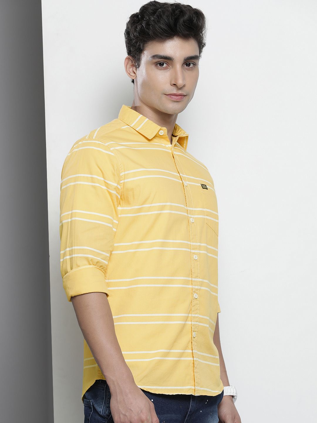 The Indian Garage Co Men Yellow & White Horizontal Striped Pure Cotton Casual Shirt