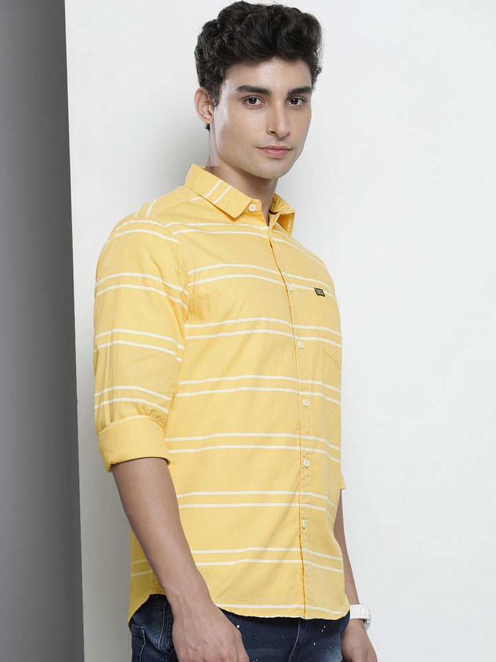 The Indian Garage Co Men Yellow & White Horizontal Striped Pure Cotton Casual Shirt