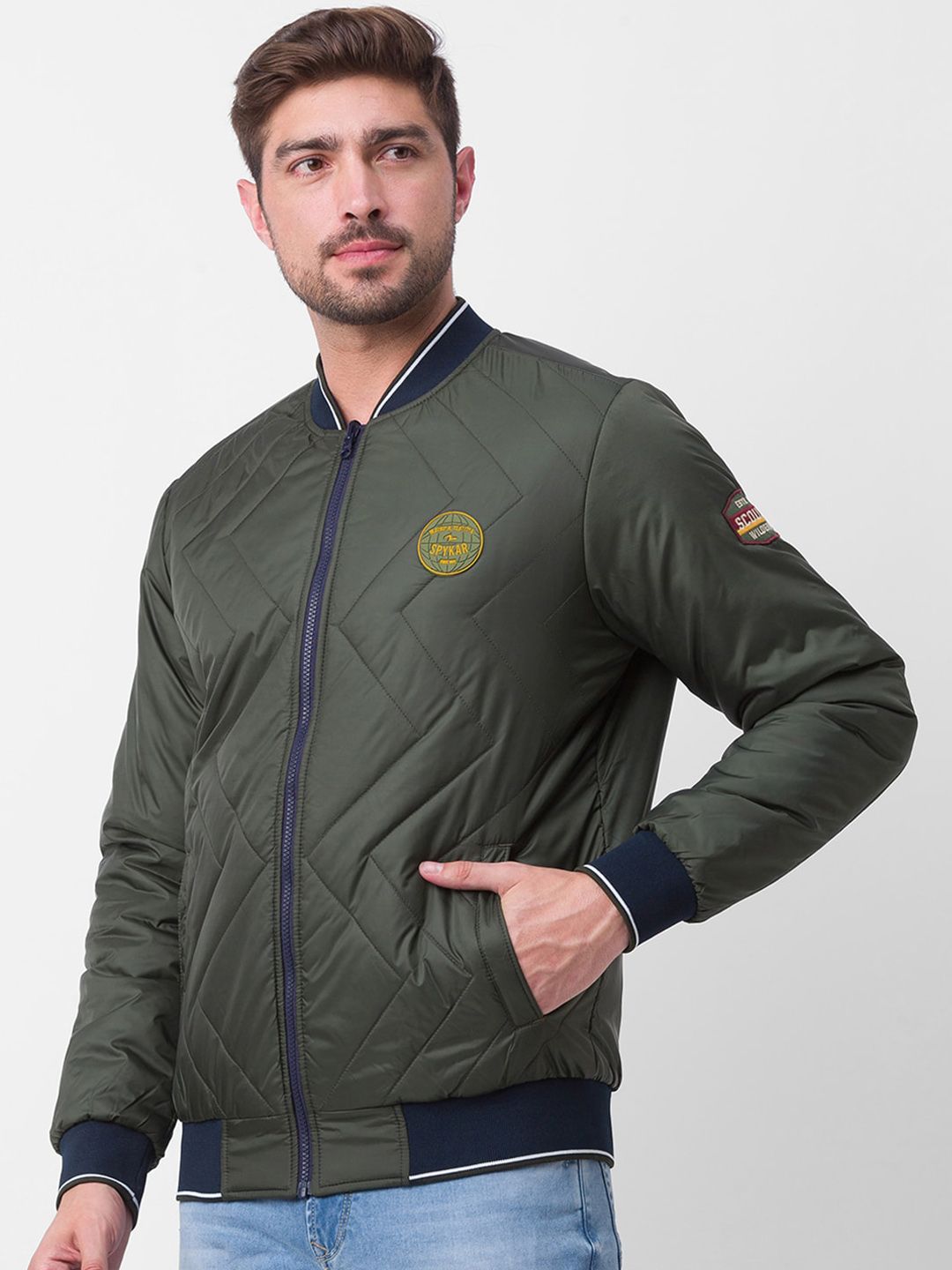 SPYKAR Men Blue Striped Bomber with Patchwork Jacket