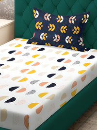 KLOTTHE White Geometric Cotton 300 TC Single Fine Bedsheet with a Pillow Cover-225 x 150 cm