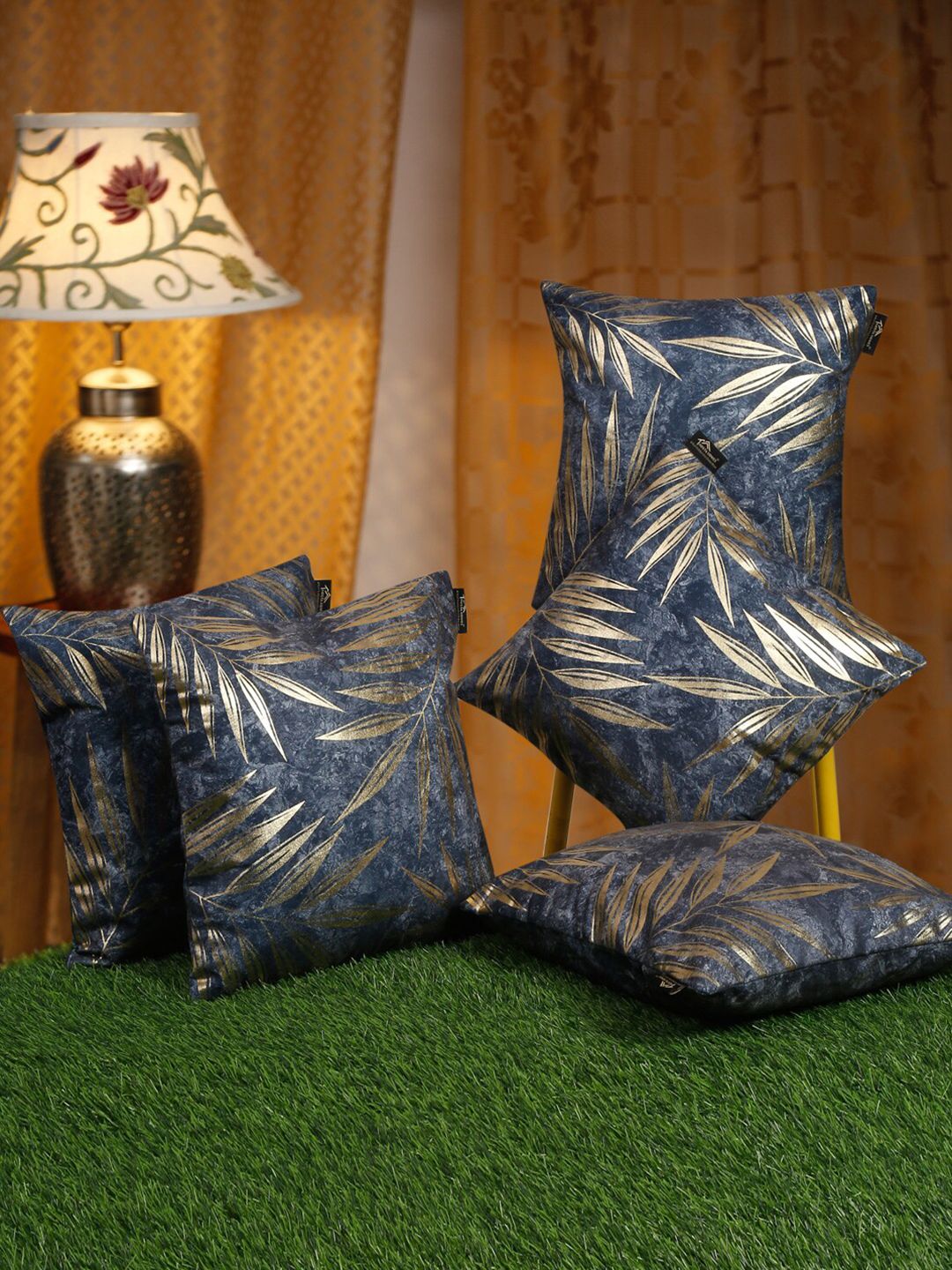 HOSTA HOMES Blue & Gold-Toned 5 Pieces Ethnic Motifs Velvet Square Cushion Covers