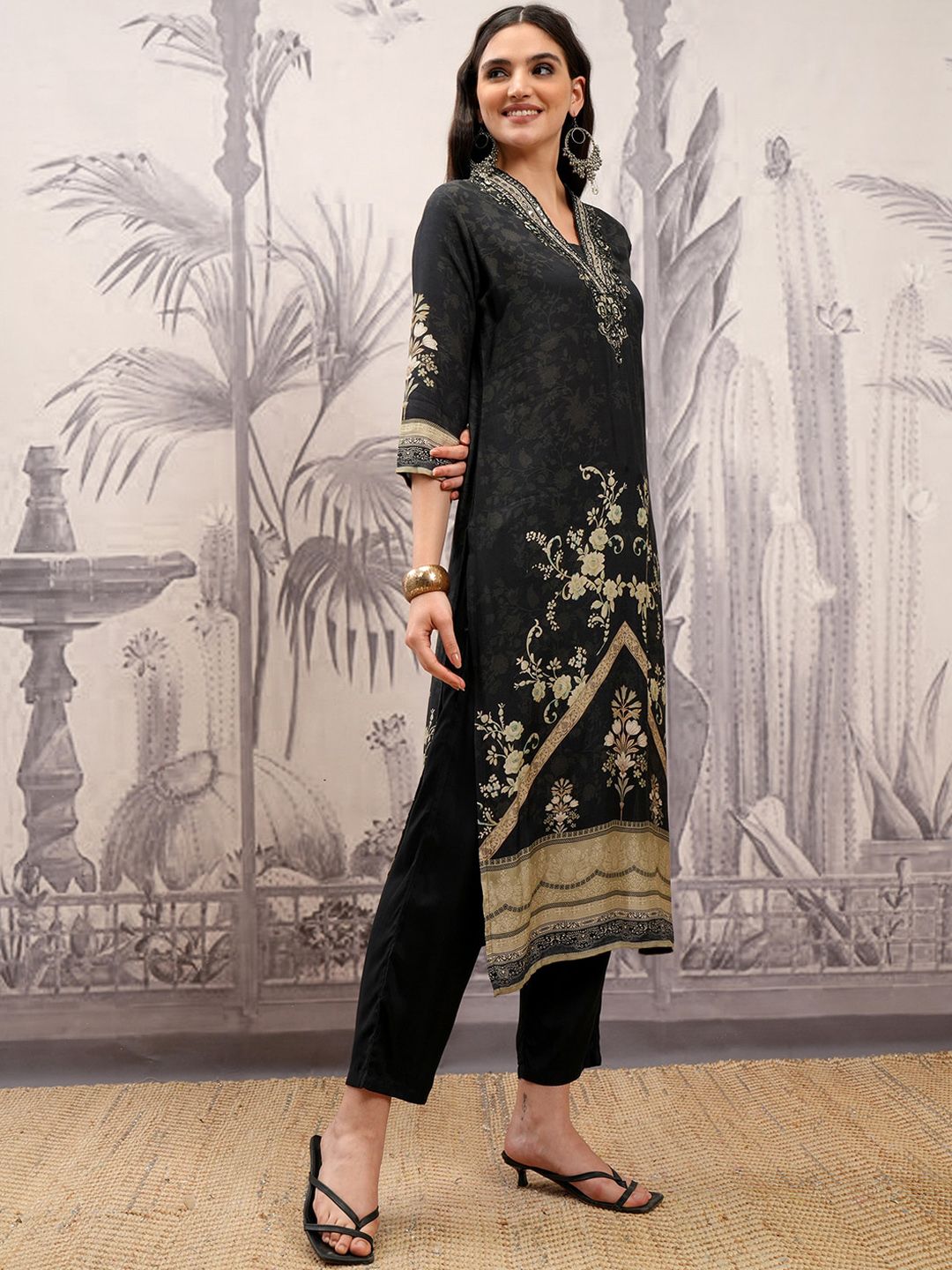 Vishudh Black & Gold Toned Floral Embroidered Straight Kurta with Trousers & With Dupatta