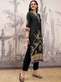 Vishudh Black & Gold Toned Floral Embroidered Straight Kurta with Trousers & With Dupatta