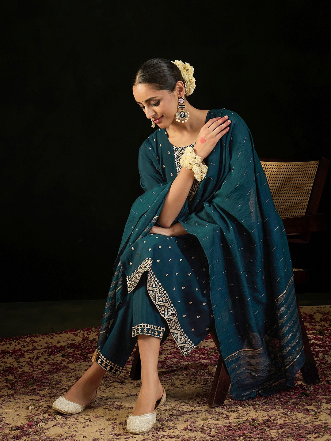 Indo Era Round Neck Embroidered Sequinned Chanderi Silk Kurta with Trouser & Dupatta