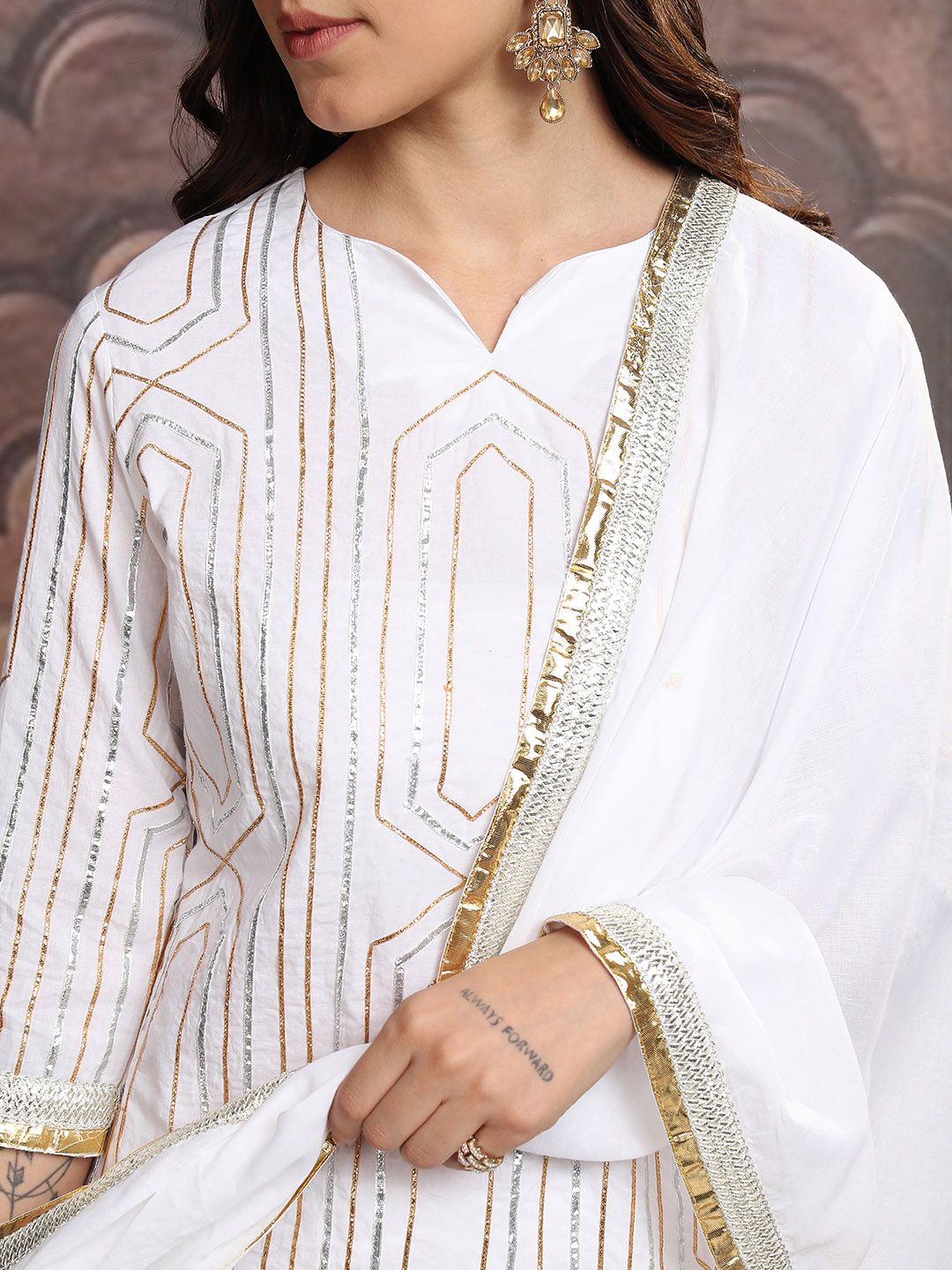 Vishudh White & Gold Embroidered Gotta Patti Pure Cotton Kurta with Trousers & Dupatta