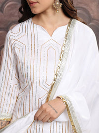 Vishudh White & Gold Embroidered Gotta Patti Pure Cotton Kurta with Trousers & Dupatta
