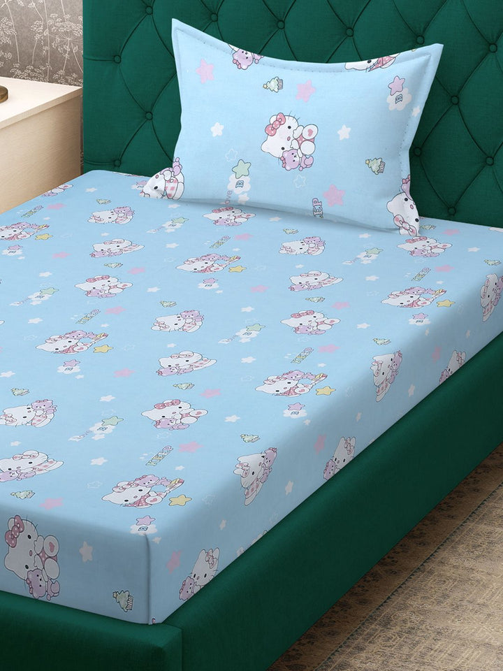 KLOTTHE Watak Kartun Biru Kapas 400 TC Dilengkapi Cadar Single Superfine dengan Sarung Bantal-89 x 59 inci