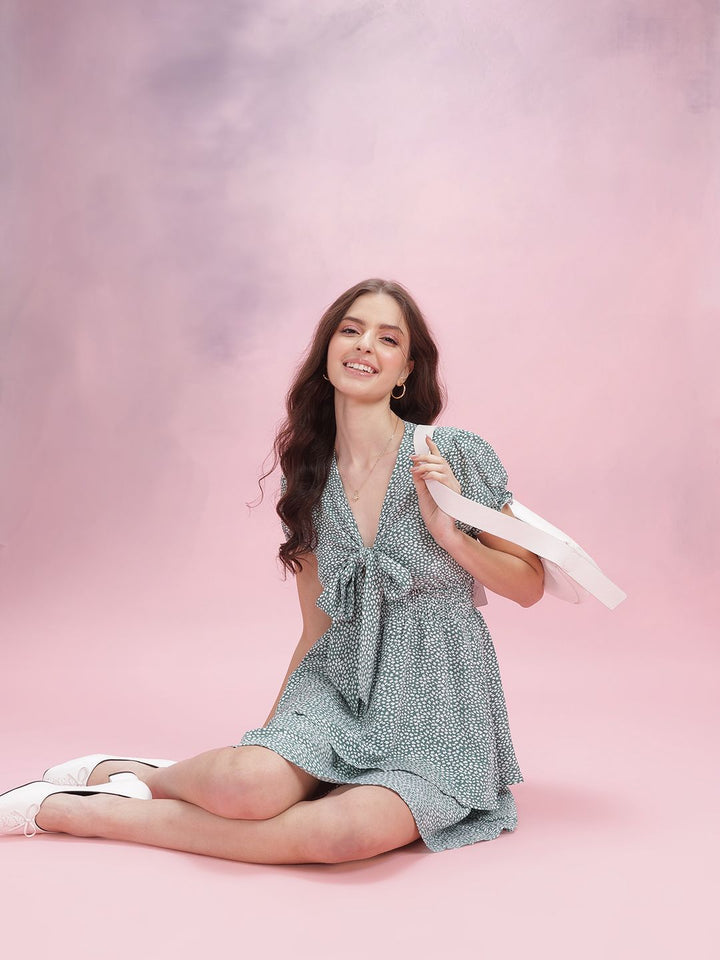 DressBerry Floral Printed Tie-Up Detail A-Line Dress