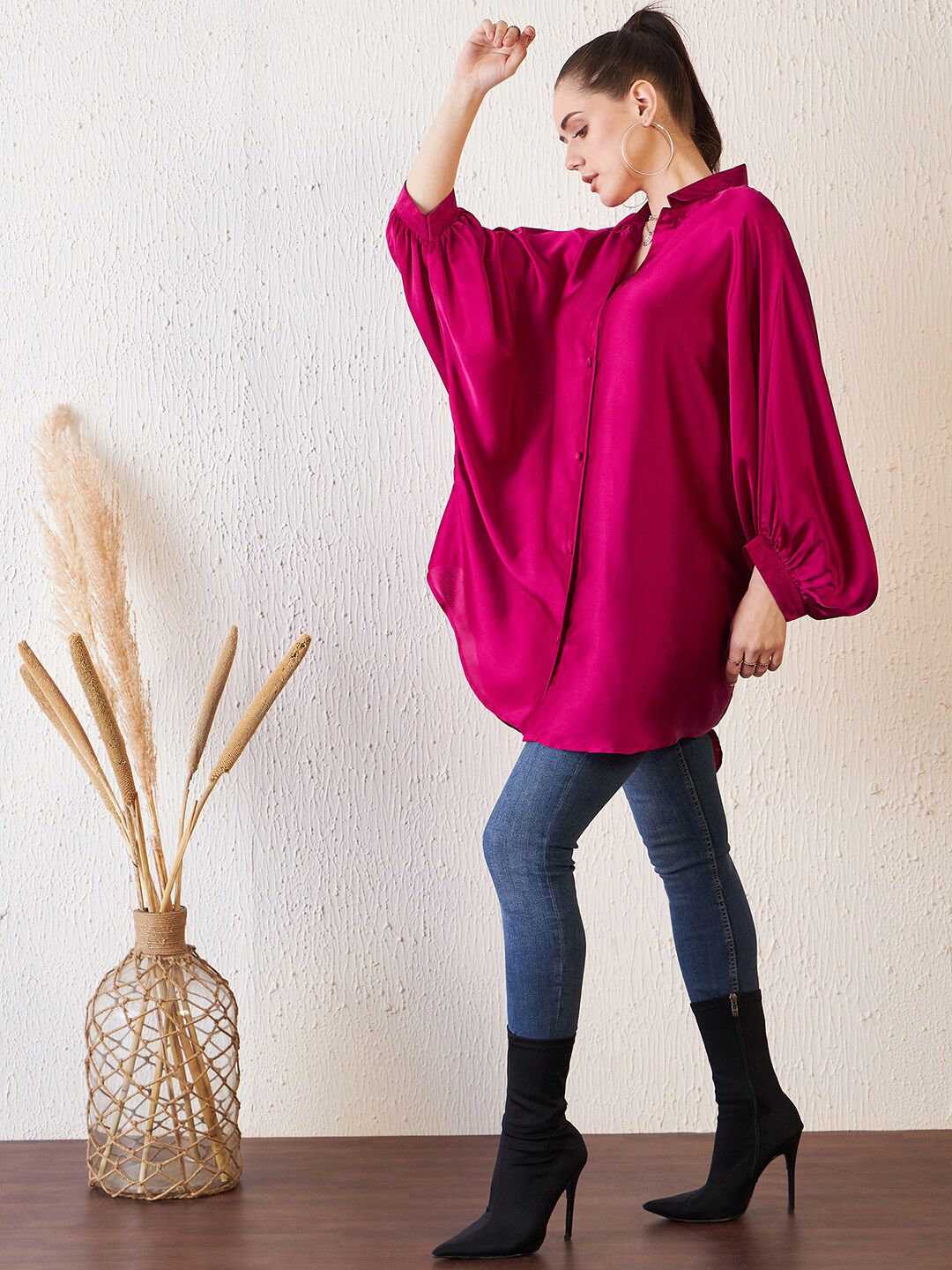 Antheaa Pink Comfort Fit Kimono Sleeves Longline Satin Shirt