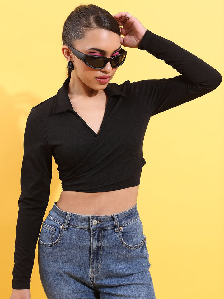 Tokyo Talkies Black Shirt Collar Bungkus Tanaman Top