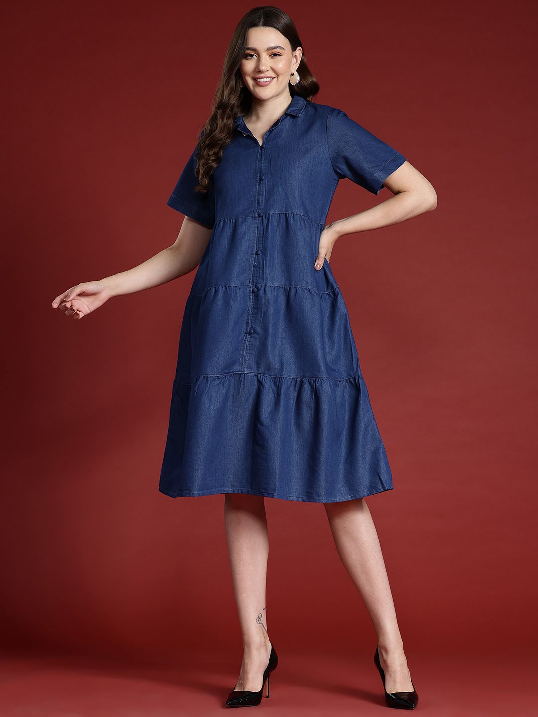 all about you Chambray A-Line Tiered Midi Dress