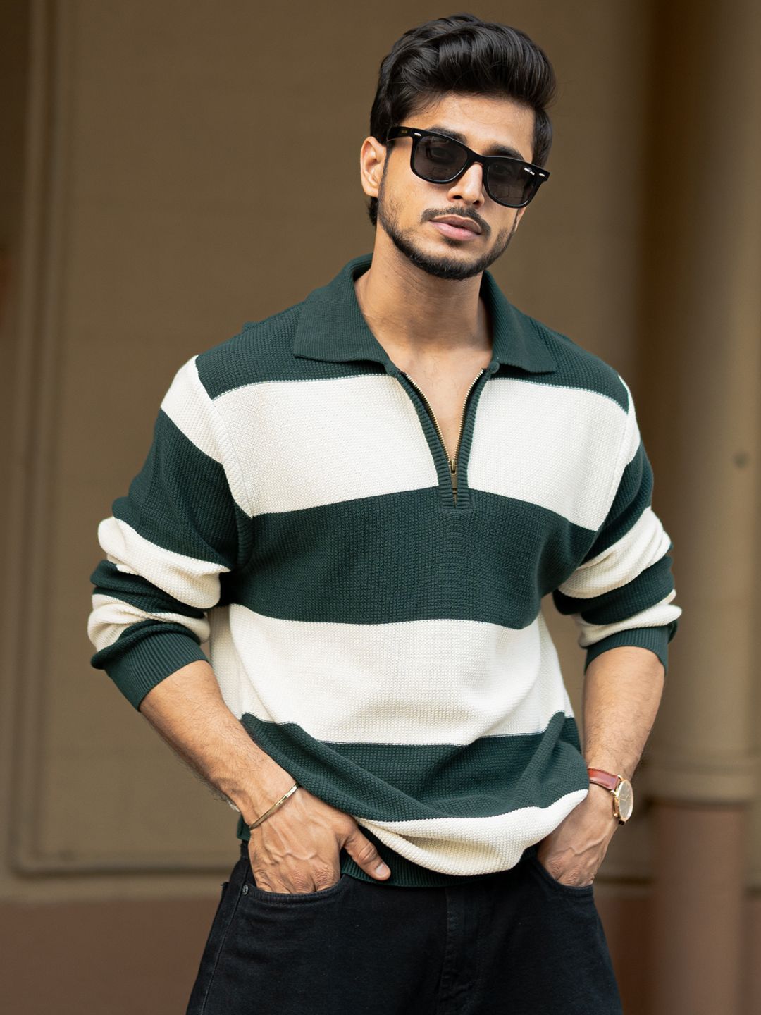 Powerlook Men Striped Polo Collar Cotton Relaxed Fit T-shirt
