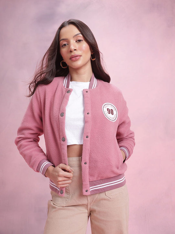 DressBerry Applique Detail Fleece Varsity Jacket