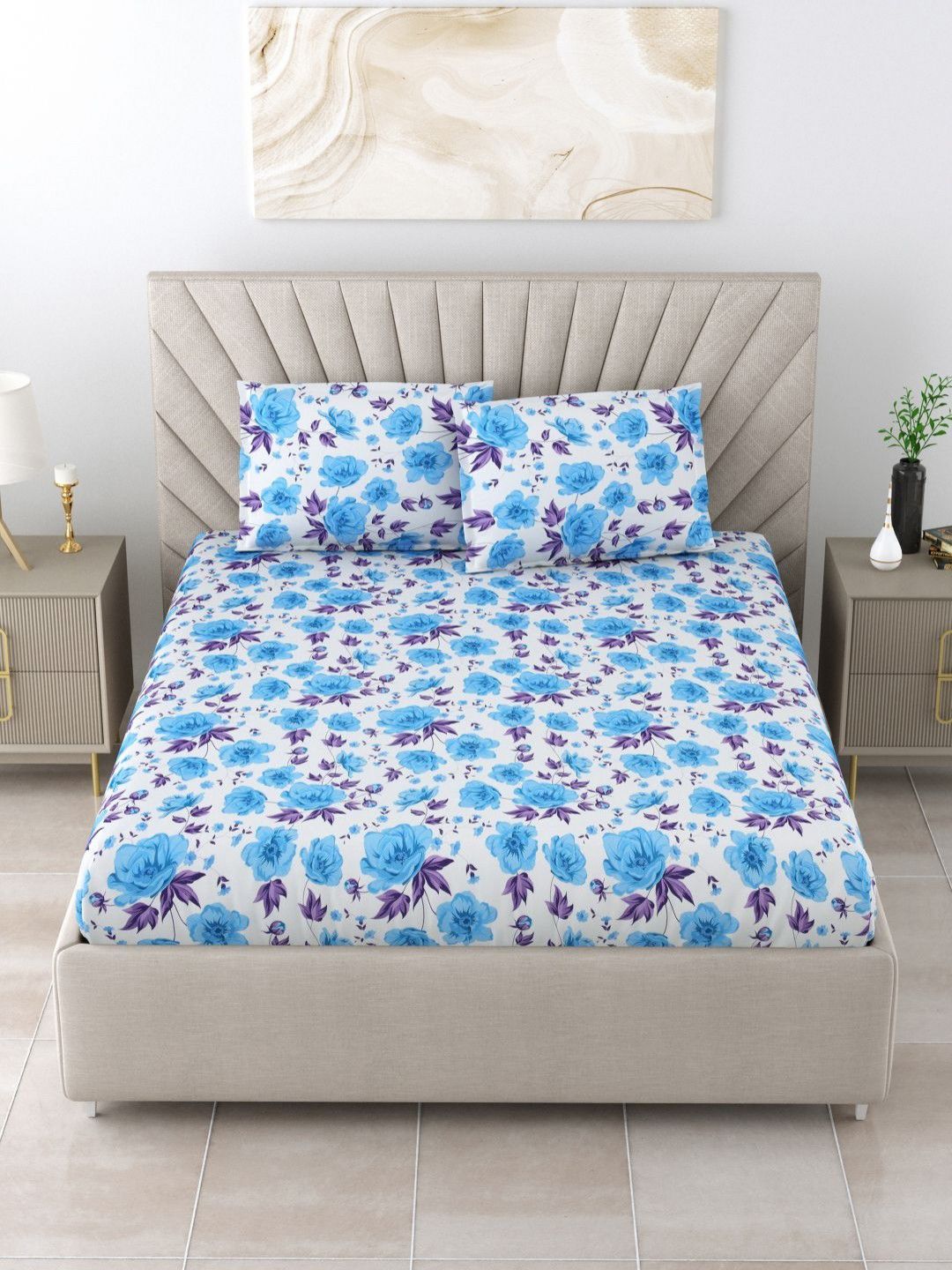 BBOMBAY DYEING Epigram Blue Floral Pure Cotton 120TC Queen Bedsheet Set 2.28 m X 2.54 m
