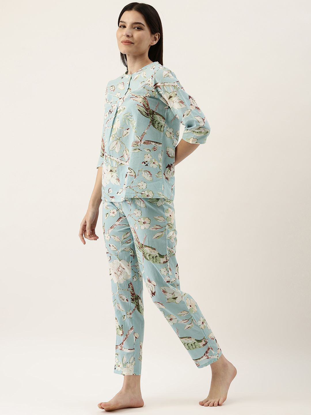 SANSKRUTIHOMES Women Sea Green Pure Cotton Floral Print Pyjama Set