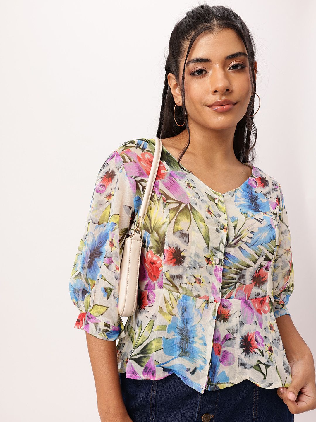 DressBerry Floral Fetish, Holiday Mood Printed Semi Sheer A-Line Top