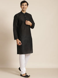 SOJANYA Men Black Ethnic Motifs Chikankari Pure Cotton Kurta with Churidar & Nehru Jacket