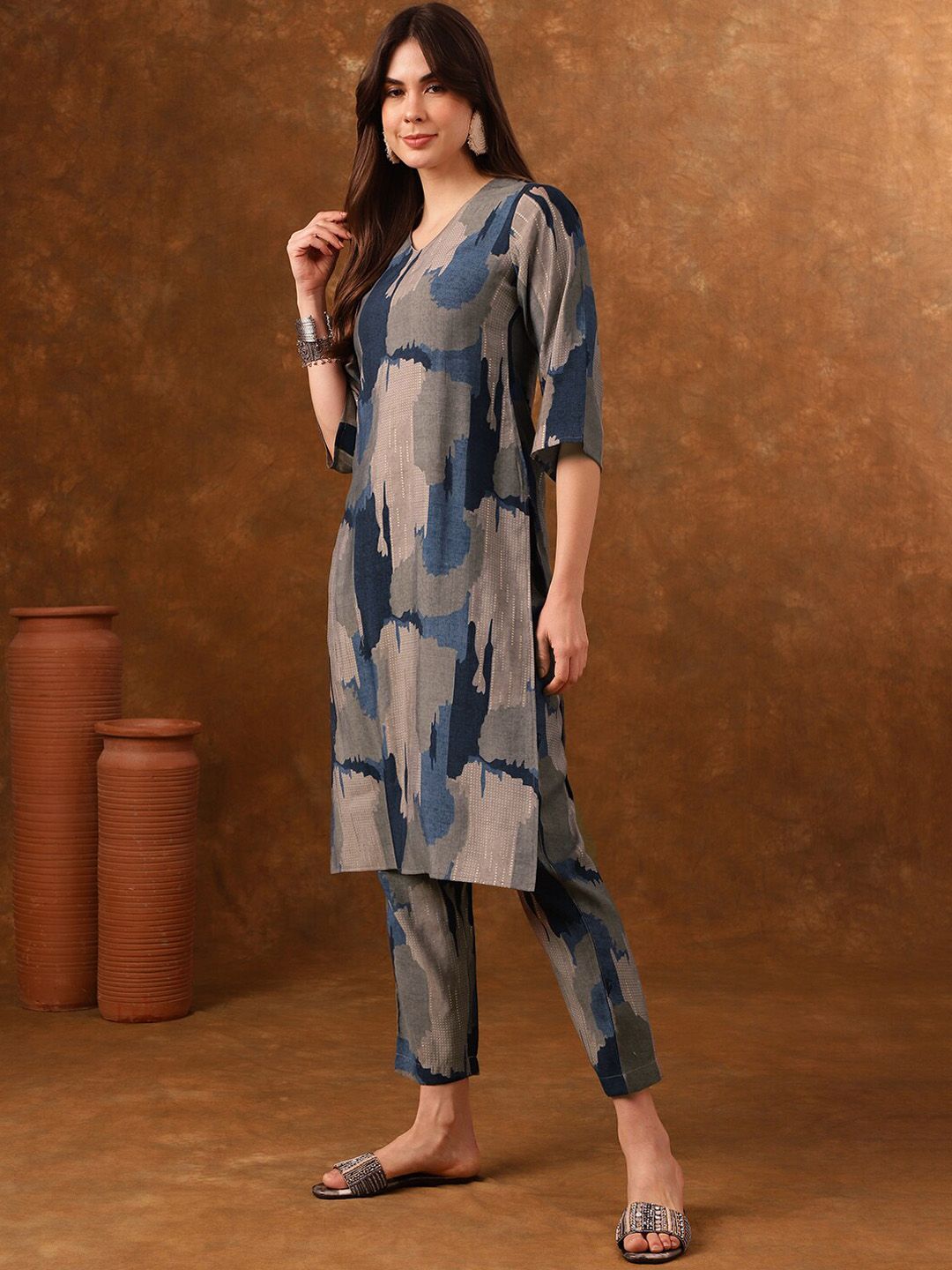 Anouk Grey Abstract Printed Regular Kurta with Trousers