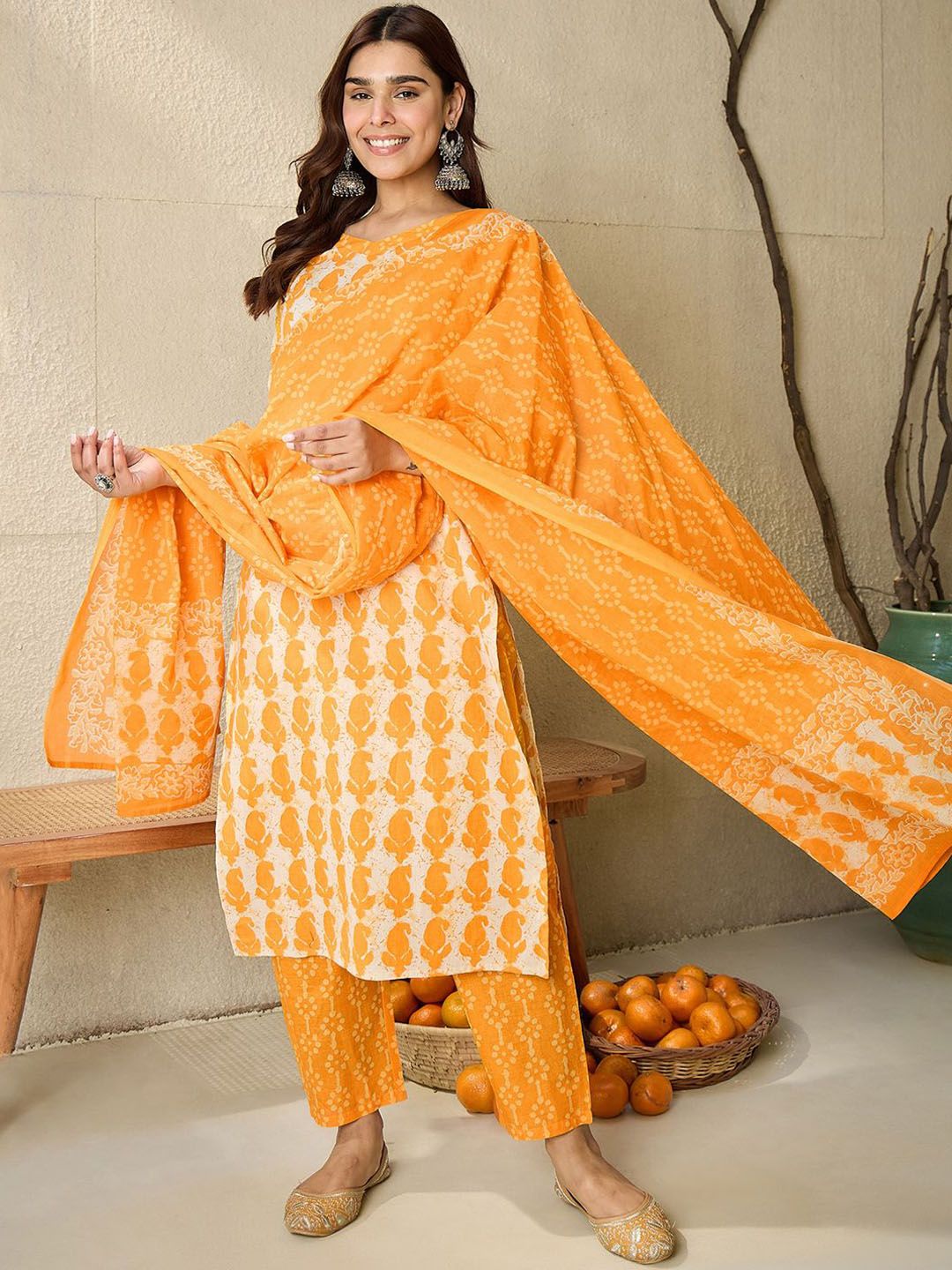 Indo Era Paisley Printed V-Neck Pure Cotton Straight Kurta With Trousers And Dupatta