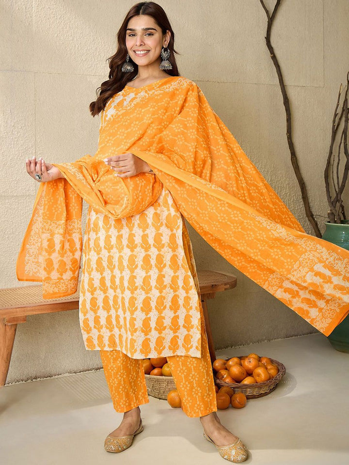 Indo Era Paisley Printed V-Neck Pure Cotton Straight Kurta With Trousers And Dupatta