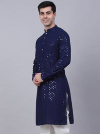 Jompers Men Ethnic Motifs Mirror Work Indigo Cotton Kurta