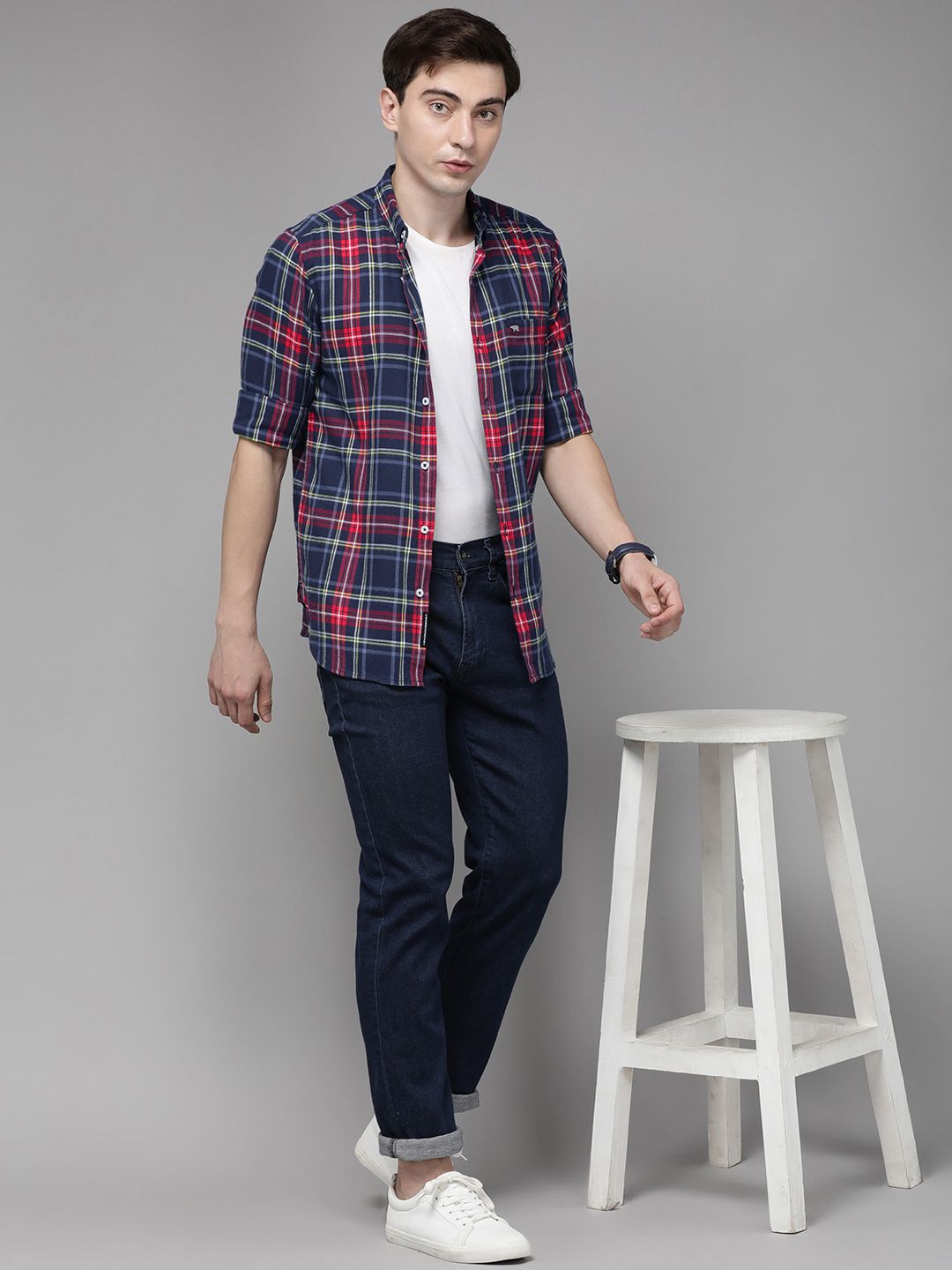 THE BEAR HOUSE Men Blue Flannel Slim Fit Pure Cotton Checked Casual Shirt